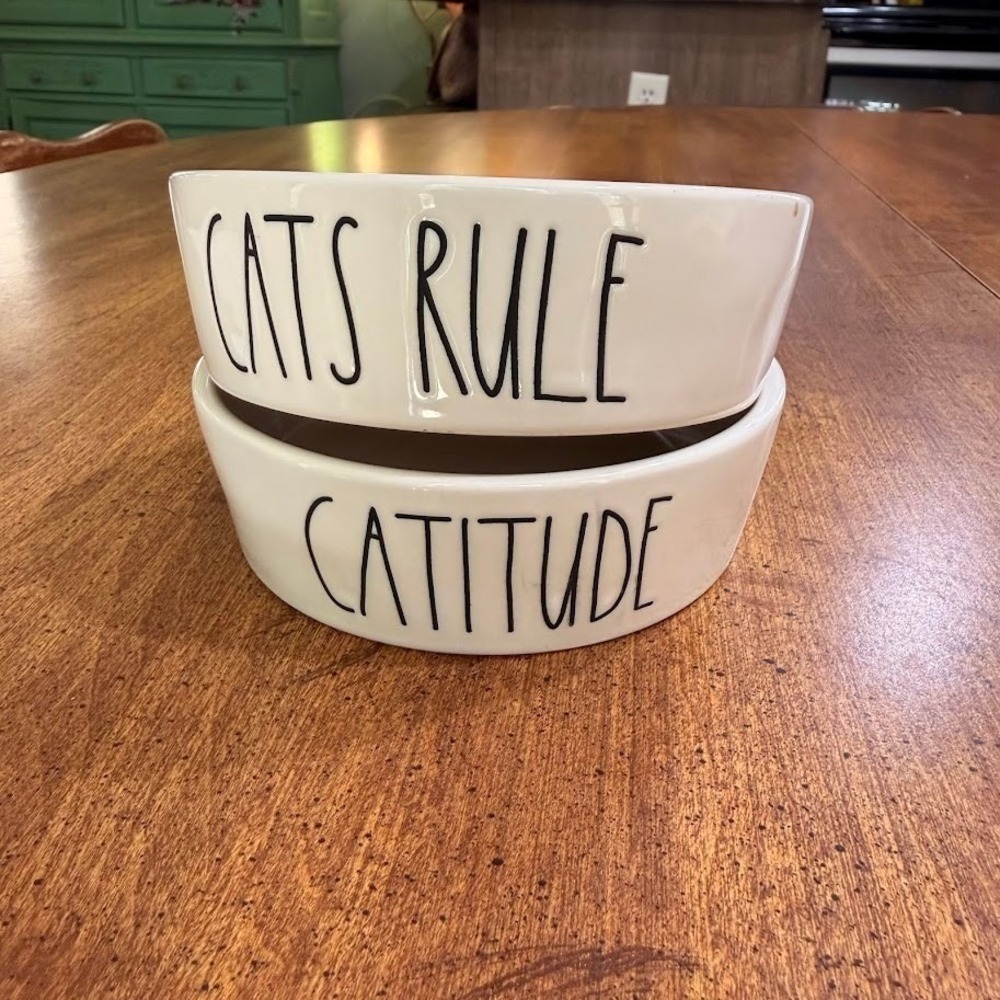 Rae Dunn Cat Bowls Set 2 Catitude Cats Rule White Ceramic Pet Food Dishes Bowl - Picture 9 of 9